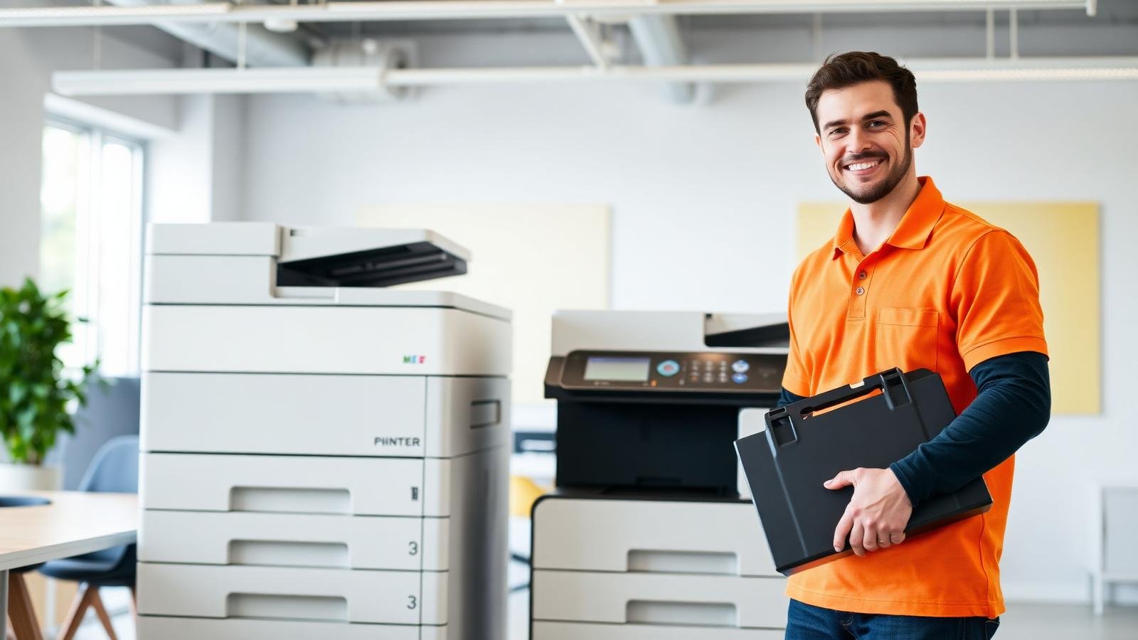 SS Printer Services technician standing next to a modern office printer