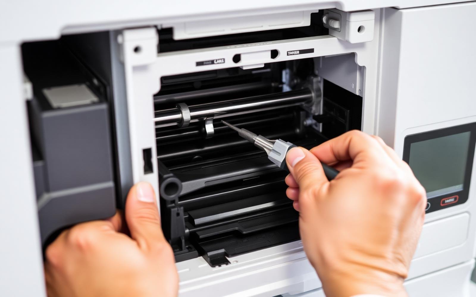 Technician repairing an office laser printer with precision tools