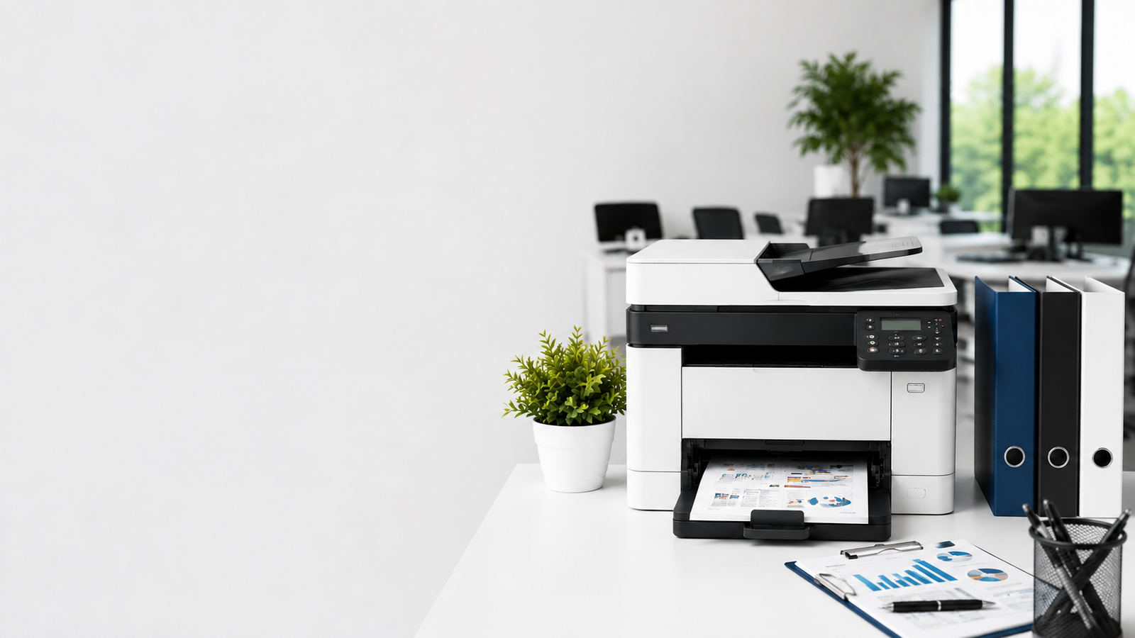 Professional office environment with multiple printers operating