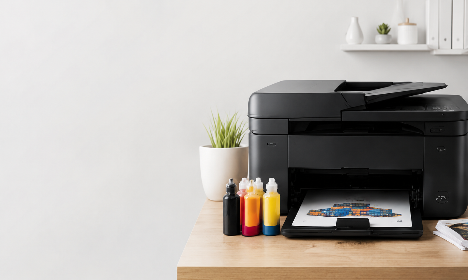 Ink bottles, toner cartridges and cartridge refilling workspace