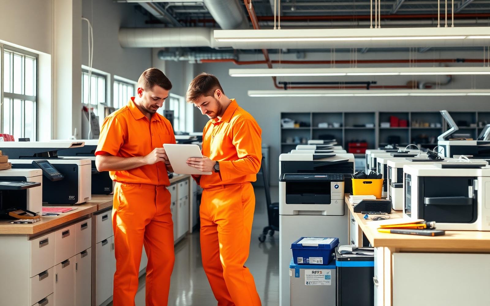 SS Printer Services technicians working in a modern printer repair workshop